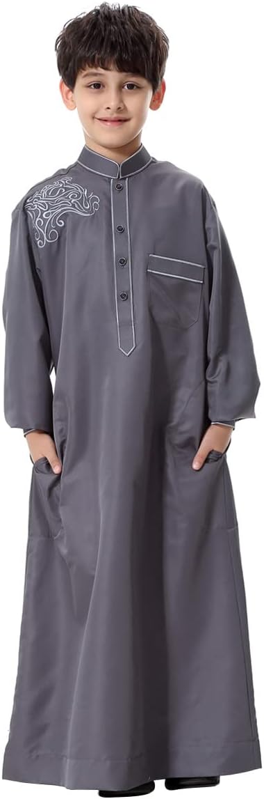 ODIZLI Arabic Thobe Muslim Thobe Long Sleeve Kaftan Crew Collar Robe with Zipper for Boy Solid Color/Embroidery/Stripe Print