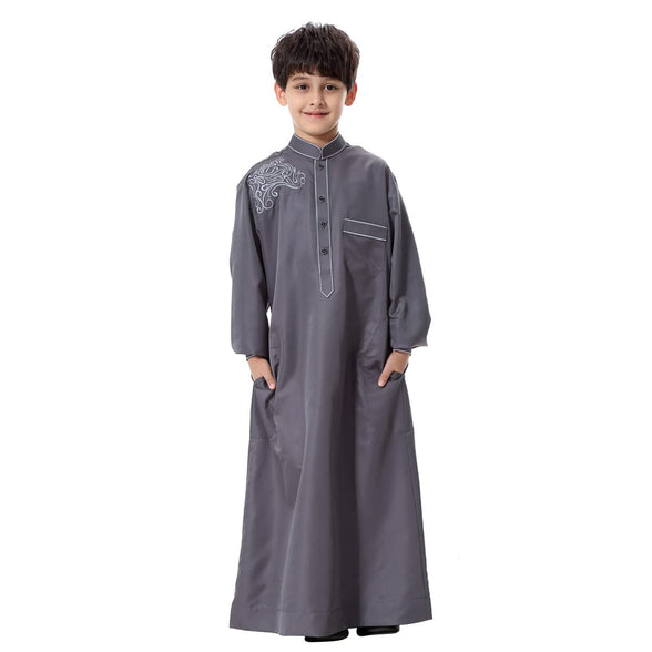 ODIZLI Arabic Thobe Muslim Thobe Long Sleeve Kaftan Crew Collar Robe with Zipper for Boy Solid Color/Embroidery/Stripe Print