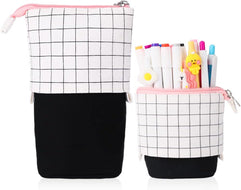 iSuperb Telescopic Pencil Case Stand Up Pen Bag Grid Pencil Holder Canvas Stationery Pouch Cosmetic Bags