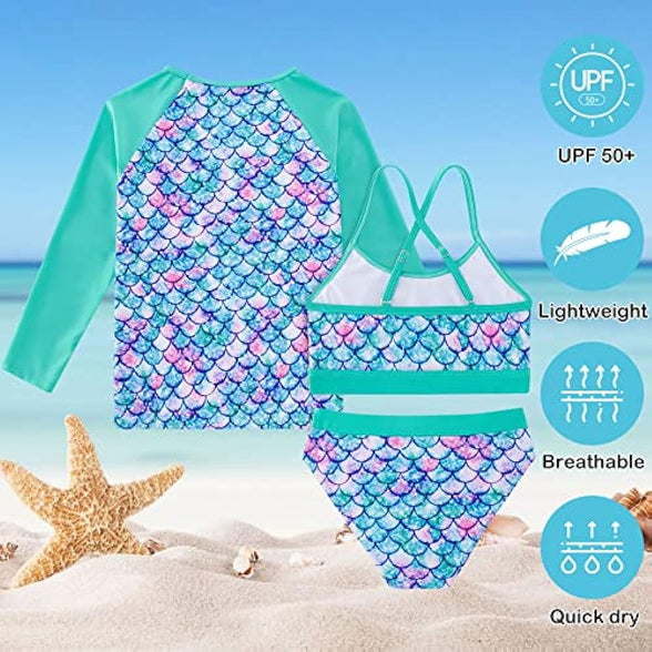 Vogseek Rash Guard Swimwear Girls 3-Piece Short Sleeve Swimsuit Kids Bathing Suit UPF 50+ Quick Dry Bikini Girls 7T-13T