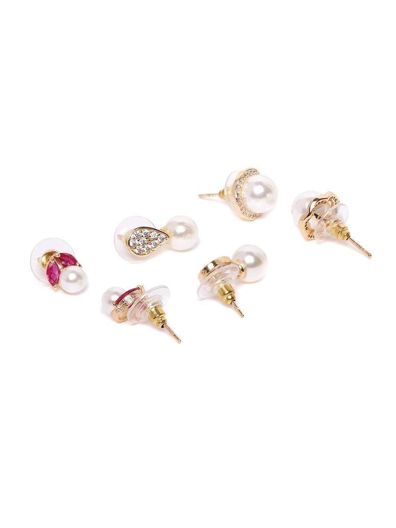 ZAVERI PEARLS Women's Base Metal Cubic Zirconia Diamonds & Pearls Gold, Pink Contemporary Stud Earrings For Women-Zpfk9745, Combo Of 3,
