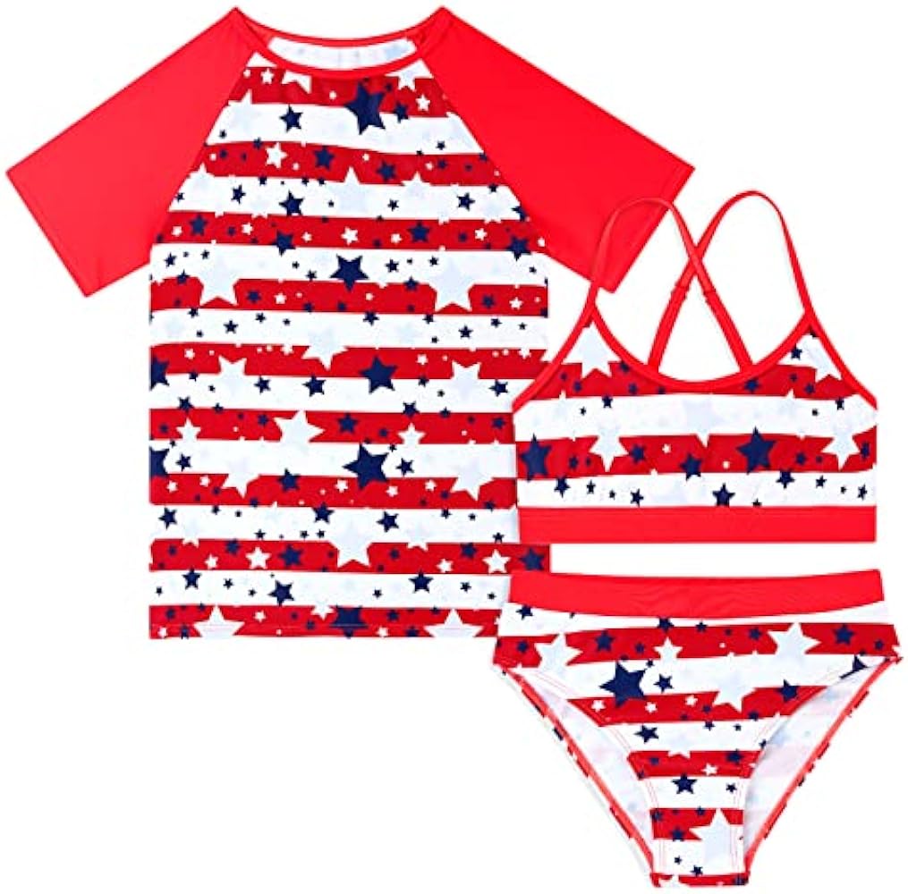 Vogseek Rash Guard Swimwear Girls 3-Piece Short Sleeve Swimsuit Kids Bathing Suit UPF 50+ Quick Dry Bikini Girls 7T-13T