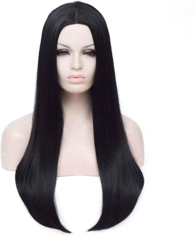 (Black) - Long Black Wig Qaccf 70cm Women's Long Straight Middle Part Synthetic Halloween Costume Full Wig (Black)