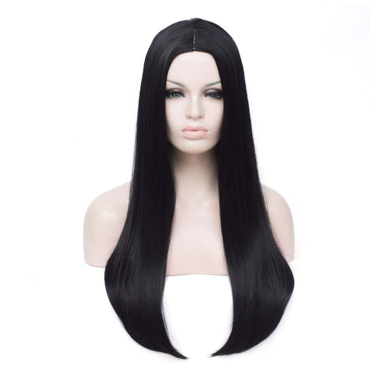 (Black) - Long Black Wig Qaccf 70cm Women's Long Straight Middle Part Synthetic Halloween Costume Full Wig (Black)