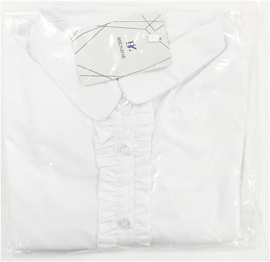 Bienzoe Girls School Uniform Shirt: Kids Summer Ruffle Button Down Short Sleeve Cotton Oxford Blouse