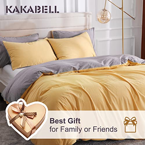 KAKABELL 100% Washed Cotton Linen Duvet Covers Set,Luxury Soft and Breathable Portable Openings 3 Piece Bedding Set,1200 Thread Count,with 8 Corner Ties 90x90 Inches(Light Yellow Grey,Full/Queen)