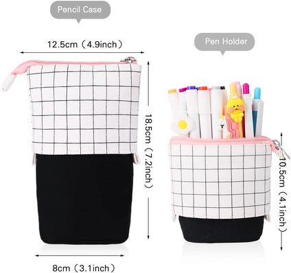 iSuperb Telescopic Pencil Case Stand Up Pen Bag Grid Pencil Holder Canvas Stationery Pouch Cosmetic Bags