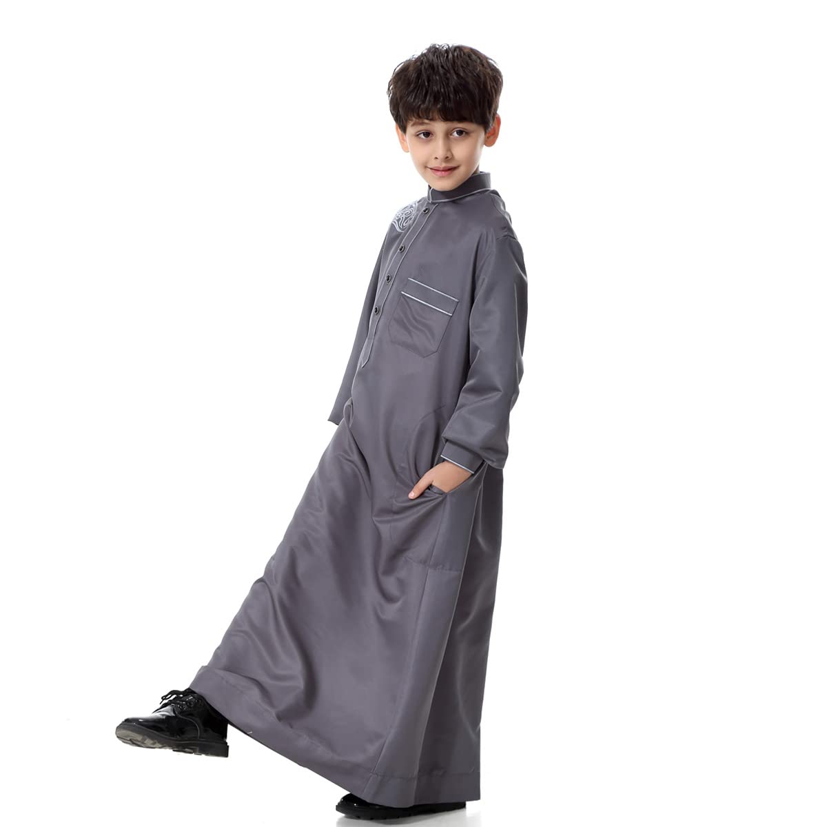 ODIZLI Arabic Thobe Muslim Thobe Long Sleeve Kaftan Crew Collar Robe with Zipper for Boy Solid Color/Embroidery/Stripe Print
