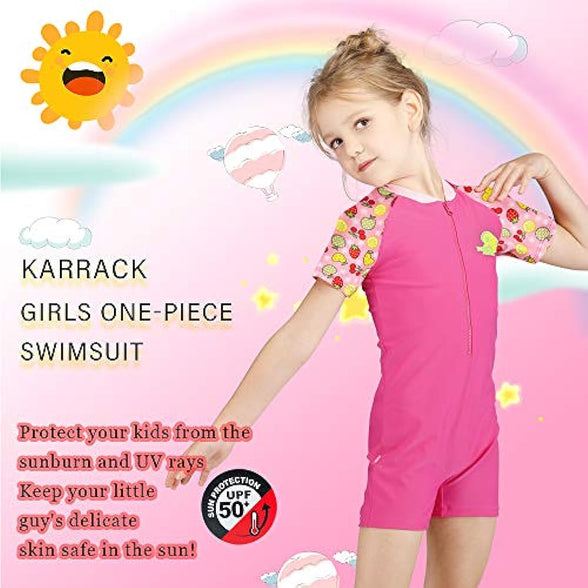 karrack Girls Long Sleeved One Piece Rash Guard Swimsuit Kid Water Sport Short Swimsuit UPF 50+ Sun Protection Bathing Suits