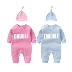 YSCULBUTOL Baby Twins Bodysuits Funny Double Trouble Cute Romper Twin Jumpsuits Hat Set 3-6 Months