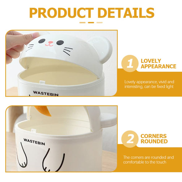 Toddmomy Mini Wastebasket Trash Can: Cartoon Animal Shape Tiny Desktop Waste Garbage Bin with Flip Top Lid for Home Office Kitchen Vanity Tabletop Bedroom Bathroom White