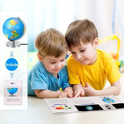 Illuminated World Globe with Stand-Educational Gift Kids Globe Built in LED Light with World Map and Constellation View,Interactive Desktop Earth Globe for Kids