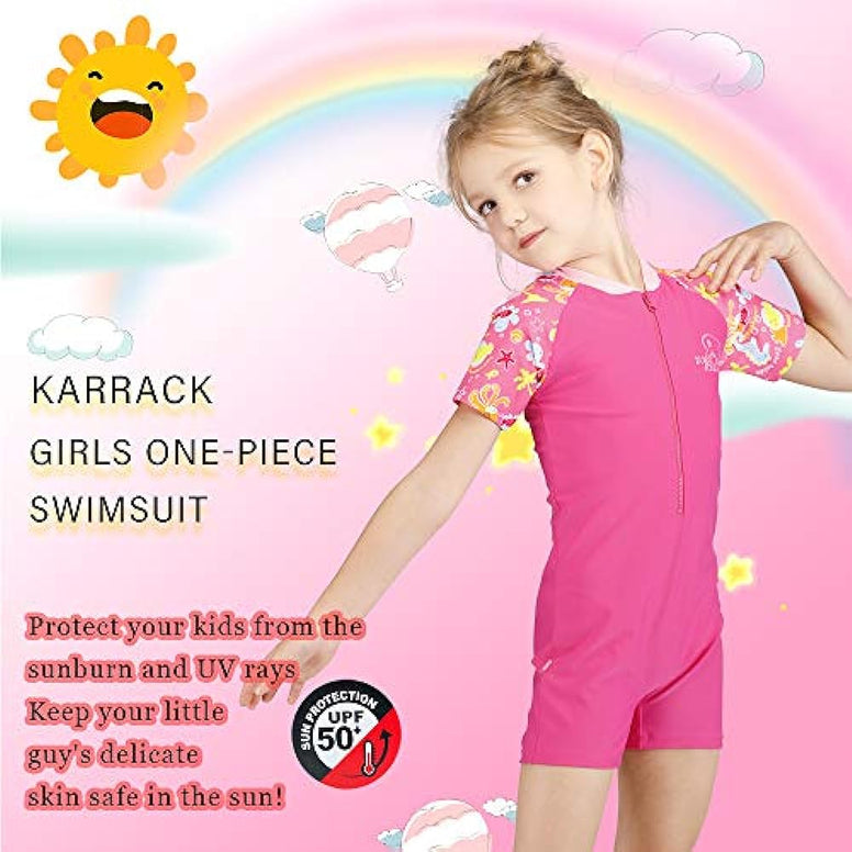 karrack Girls Long Sleeved One Piece Rash Guard Swimsuit Kid Water Sport Short Swimsuit UPF 50+ Sun Protection Bathing Suits