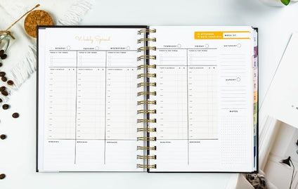 Premify Monthly Planner Notebook with Tabs, A5 Hardcover Academic Notebook, Weekly & Daily Yearly, Hourly Schedules Agenda Organizer, Flexible Spiral Appointment Notebook for Time (100gsm Black)