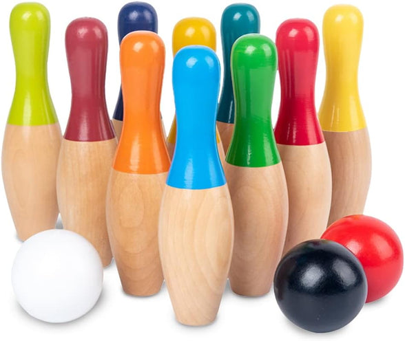 Wooden Lawn Bowling Set, Backyard Bowling Pins Outdoor & Indoor Family Game for Kids Teens - Includes 10 Wooden Pins/3 Balls/Drawstring Bag