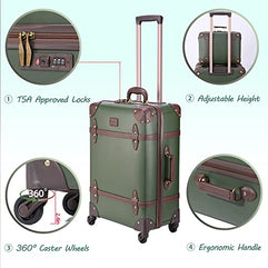 2 Piece Vintage Luggage Suitcases with TSA Lock and Spinner Wheels, Leather Travel Suitcase for Women Men, Carry on Suitcase with Handbag, Contrasting Color Design, 14’’+24’’ (White)