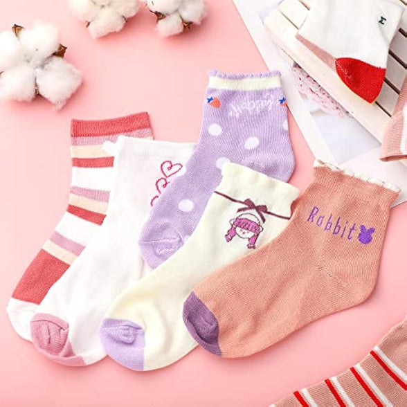 Bencailor 20 Pairs Cartoon Pattern Crew Socks Princess Patterns Ruffle Crew Socks Cotton Cute Socks for Kids Girls