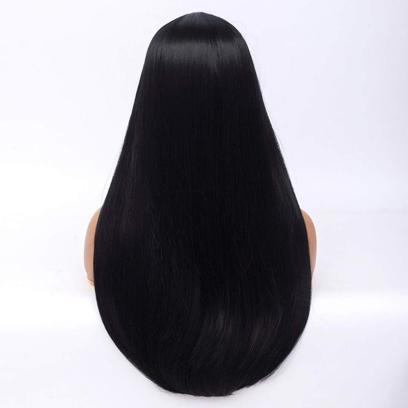 (Black) - Long Black Wig Qaccf 70cm Women's Long Straight Middle Part Synthetic Halloween Costume Full Wig (Black)