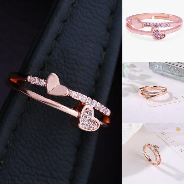 Yellow Chimes Exclusive valentine's Collection Love Sparkling Dual Heart Cubic Zirconia RoseGold Plated Adjustable Rings for Women And Girl's