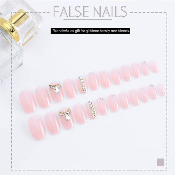 ELECDON Press on Nails Short with Rhinestone, 24 Pcs French Tip Fake Coffin Nails, Ballerina False Nails, Natural Manicure Press on Fake Nails, Acrylic Nails Glue on Nails for Women and Girls