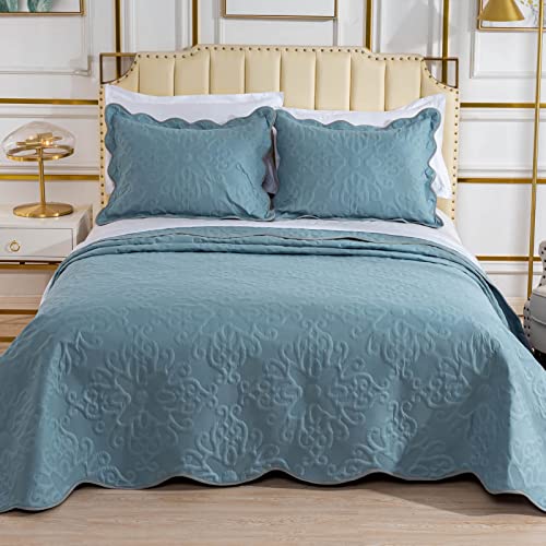 Oversized King Bedspreads 128x120 for Extra Tall King/California King Bed Lightweight Quilted Coverlet Set 3 Pieces 1 Quilt 2 Pillow Shams Spa Blue