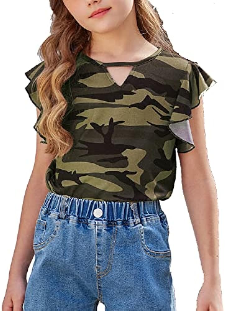 Greatchy Girls Shirts Short Sleeve Tee Ruffle Solid Summer Keyhole Neck Cotton Blouse Tops