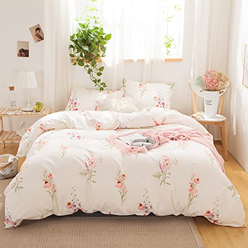 Merryword Botanical Floral Comforter Set Pink Flowers Comforter Set Pink Lavender Flowers Printed Soft Microfiber Pastoral Style Bedding Queen 1 Comforter 2 Pillowcases (Queen, Offwhite)