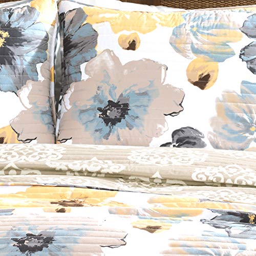 Lush Decor Leah 3 Piece Floral Reversible Quilt Set, King, Yellow & Gray