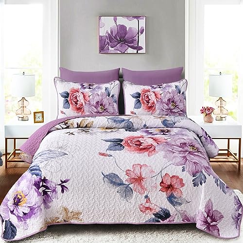 Dobuyly Purple Floral Quilt Set King Size, 3 Pieces Botanical Flower Printed on White Quilt Bedding Set Soft Microfiber Lightweight Bedspread Coverlet Set for All Season 104" x 90"