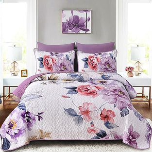 Dobuyly Purple Floral Quilt Set King Size, 3 Pieces Botanical Flower Printed on White Quilt Bedding Set Soft Microfiber Lightweight Bedspread Coverlet Set for All Season 104