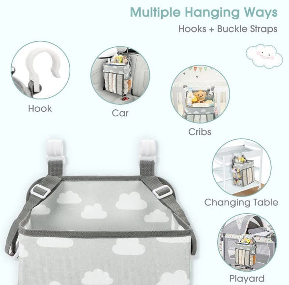 THE WHITE SHOP Hanging Diaper Caddy Organizer - Diaper Stacker for Changing Table, Crib, Playard or Wall & Nursery Organization Baby Shower Gifts for Newborn (Gray Cloud)