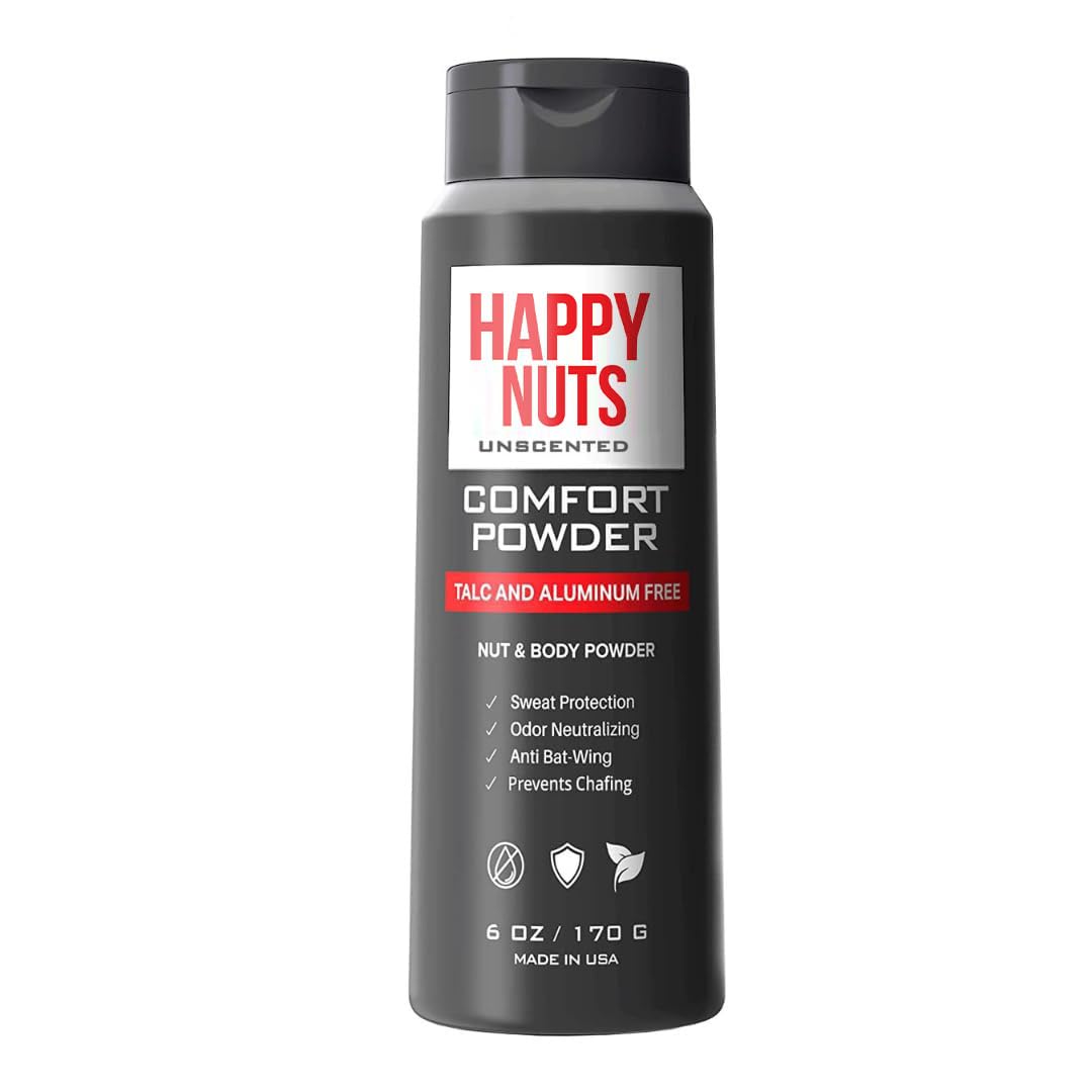 Happy Nuts Comfort Powder - Anti-Chafing, Sweat Defense & Odor Control for the Groin, Feet, and Body - Body Powder for Men (Unscented, 6 oz)