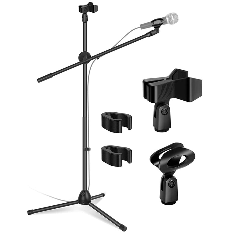 TDOO Microphone Stand, Foldable Tripod Boom Stand Adjustable Height Heavy Duty Mic Boom Stand with Dual Mic Clip Holders and Metal Base for Singing, Speech, Stage, Ou r Activities (Black-B)