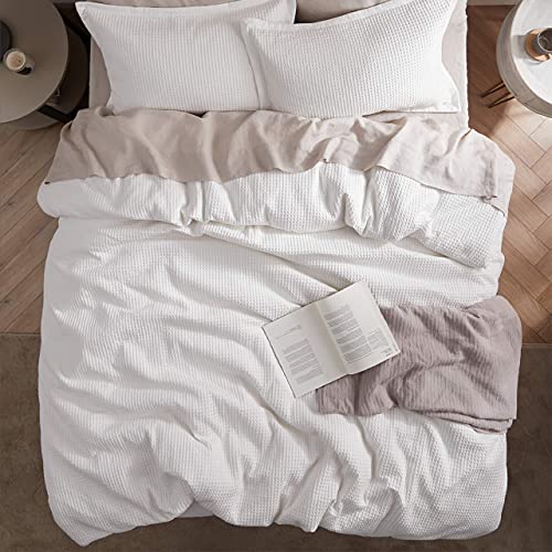 Bedsure Cotton Duvet Cover Queen - 100% Cotton Waffle Weave Coconut White Duvet Cover Queen Size, Soft and Breathable Queen Duvet Cover Set for All Season (Queen, 90"x90")