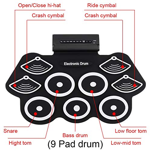 SKEIDO Portable 9 Pad Electronic Drum Kit with Sticks and Foot Pedals - Konix Complete Silicone Roll-Up Style Electric Drum Set