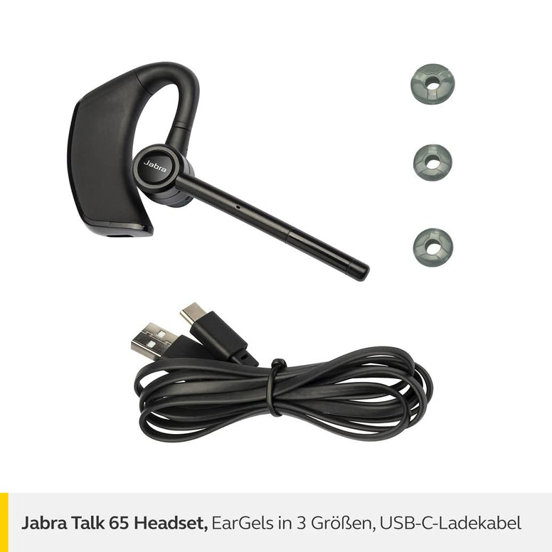 Jabra Talk 65 Mono Bluetooth Headset - Premium Wireless Single Ear Headset - 2 Built-In Noise Cancelling Microphones, Media Streaming and up to 100 meters Bluetooth Range - Black, Medium