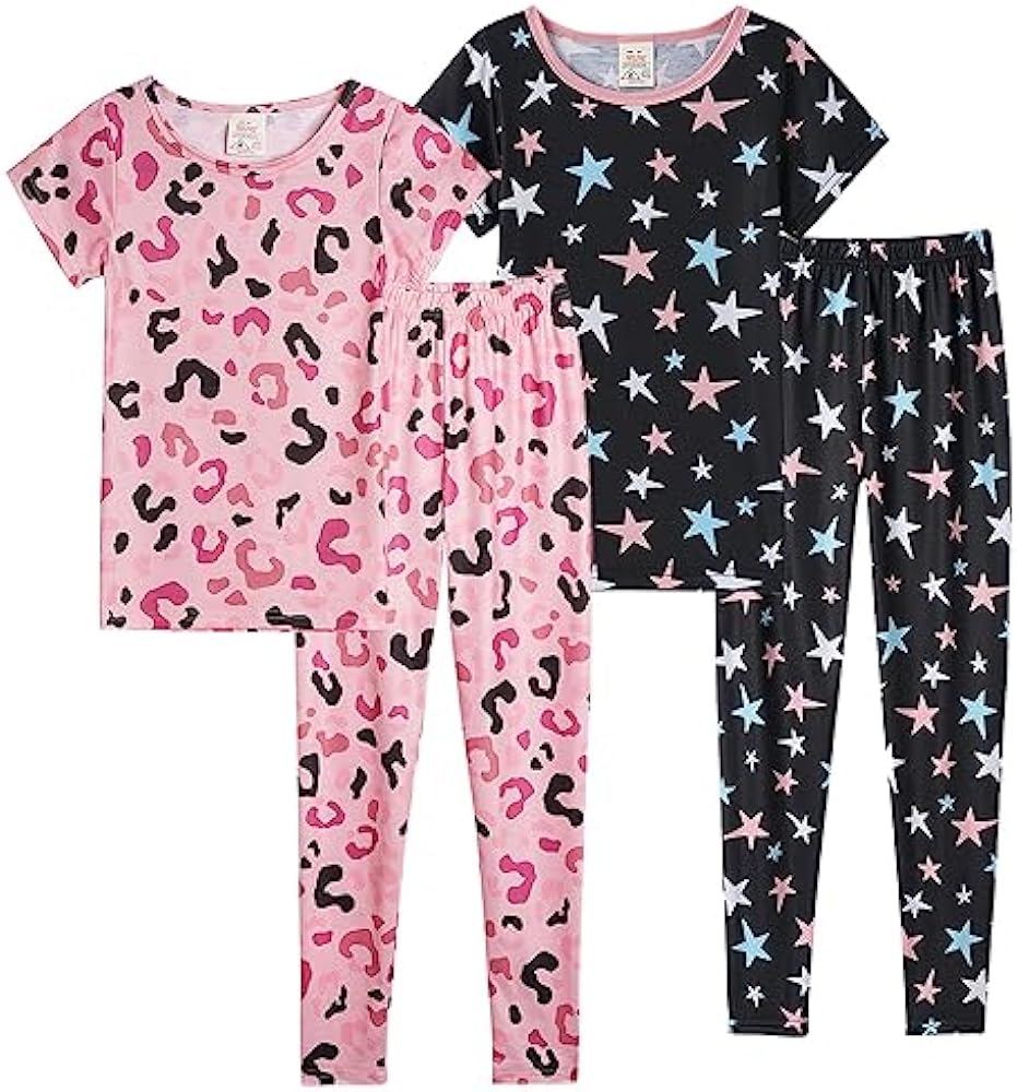 MyFav Babies, Toddlers and Girls' 4-Piece Snug Fit Cotton Pajama Set, Print Short Sleeve Loungewear