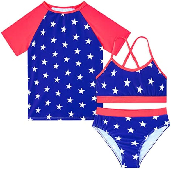 Vogseek Rash Guard Swimwear Girls 3-Piece Short Sleeve Swimsuit Kids Bathing Suit UPF 50+ Quick Dry Bikini Girls 7T-13T