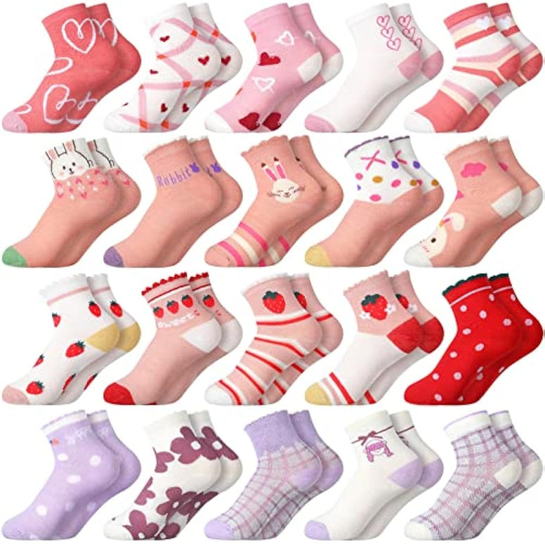 Bencailor 20 Pairs Cartoon Pattern Crew Socks Princess Patterns Ruffle Crew Socks Cotton Cute Socks for Kids Girls