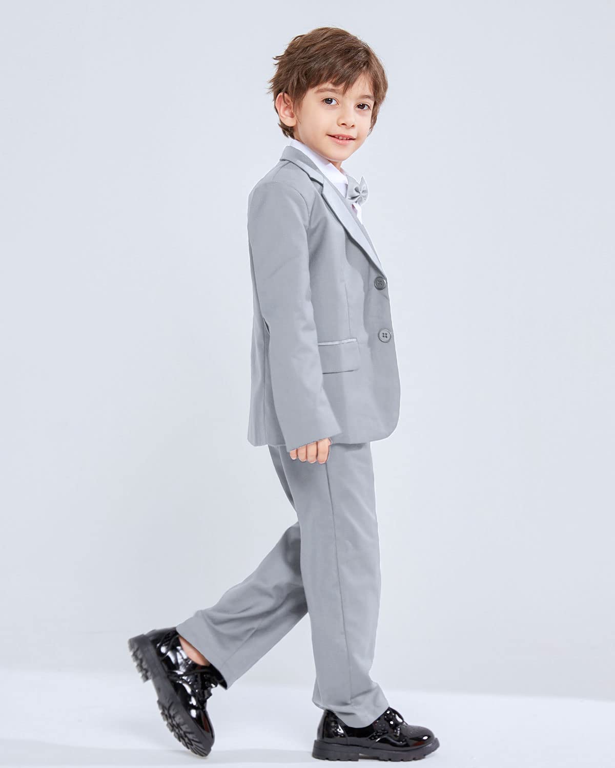 LOLANTA Kids Tuxedo Suits for Boys Ring Bearer Outfit 5 Piece Set Dress Clothes Formal Wear(Grey,5)