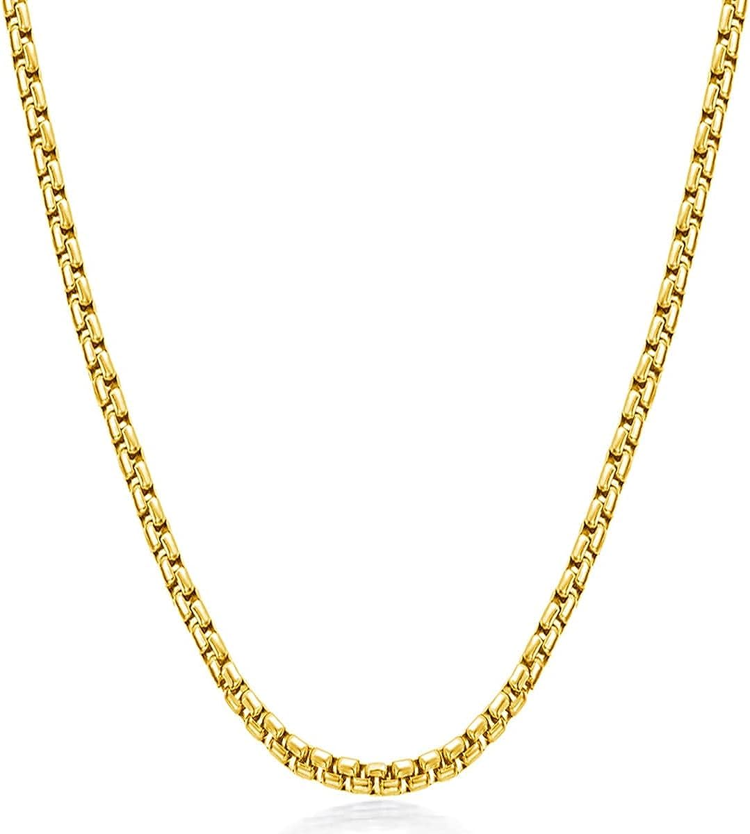 24K Men's 3mm Round Box Gold Plated Chain Necklace - Stylish and Versatile | Premium Stainless Steel | Fashionable Accessory |