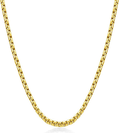 24K Men's 3mm Round Box Gold Plated Chain Necklace - Stylish and Versatile | Premium Stainless Steel | Fashionable Accessory |