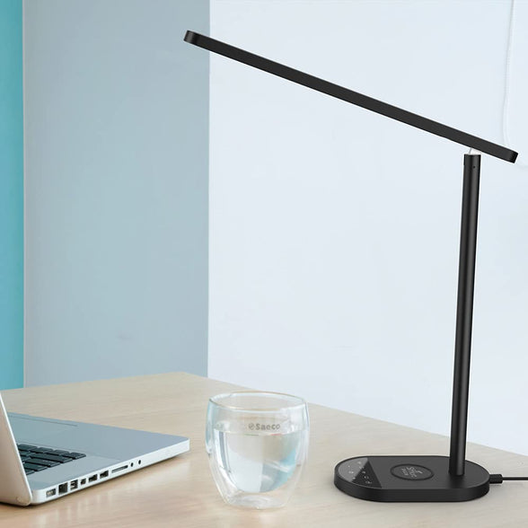 LED Desk Lamp With Wireless Charger, Eye-Caring Table Lamps, USB Charging Port, Dimmable Office Lamp, 5 lighting Modes, Touch Control For Reading Studying (Black)