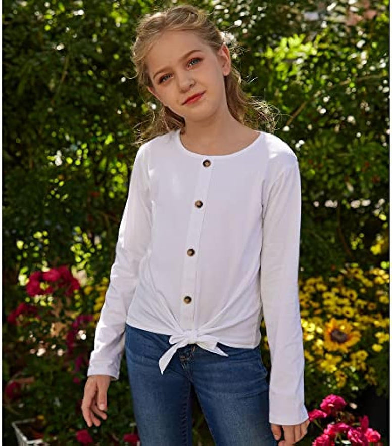 Hopeac Girls Long Sleeve Shirts Tie Front Knot Button Plain Cotton Casual Cute Tunic Tee Tops Blouse Undershirt