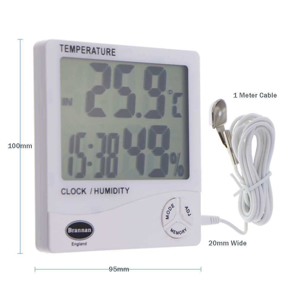 Brannan Digital Hygrometer Indoor Outdoor Thermometer, Temperature Clock And Humidity Monitor With Jumbo 1 Inch Digit Screen - UK