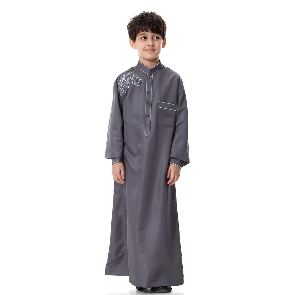 ODIZLI Arabic Thobe Muslim Thobe Long Sleeve Kaftan Crew Collar Robe with Zipper for Boy Solid Color/Embroidery/Stripe Print