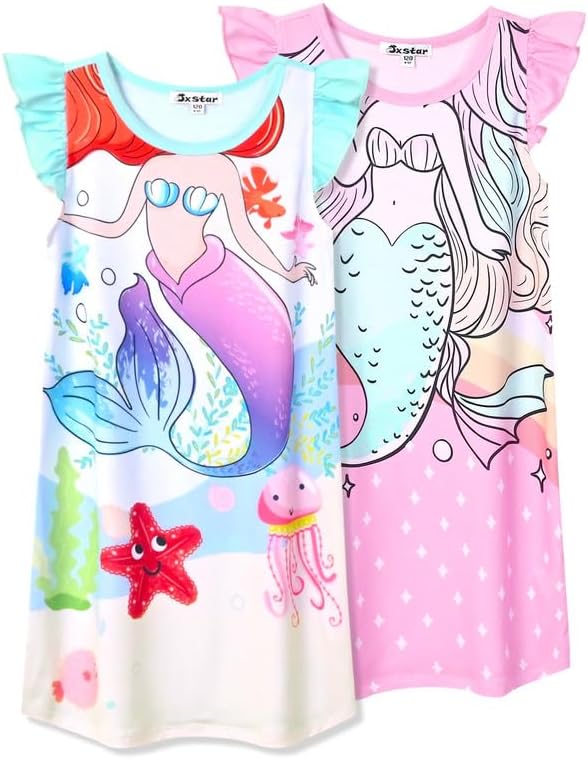 Jxstar 2-Pack Nightgown for Girls Flutter Sleeve Pajamas Cotton Night Dresse