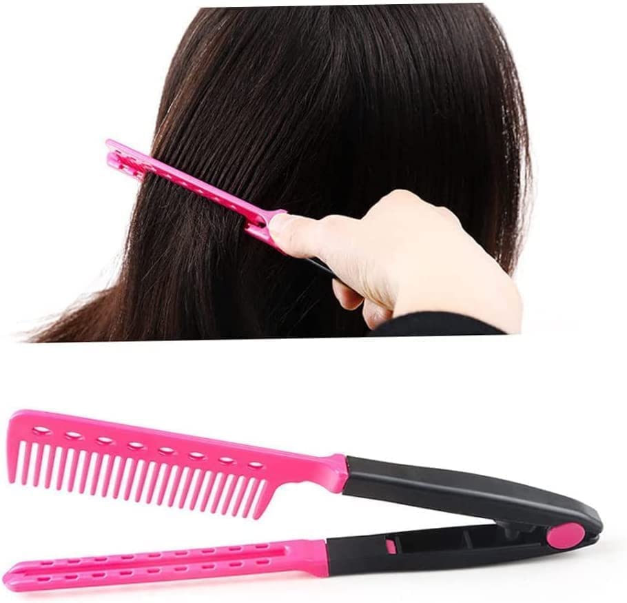 COOLBABY Comb Straightening Hair Hair Styling Comb For Great Tresses Flat Iron Comb With A Firm Grip Straightening Comb For Knotty Hair Folding DIY V-Shape Hair Styling Comb Pink NY0202-SRK