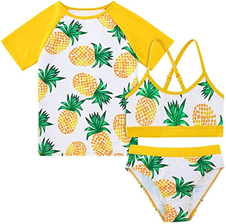 Vogseek Rash Guard Swimwear Girls 3-Piece Short Sleeve Swimsuit Kids Bathing Suit UPF 50+ Quick Dry Bikini Girls 7T-13T