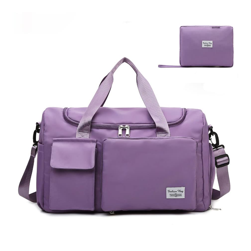 Foldable travel bags, Large Capacity Sports Gym Bag, Weekender Carry on for Women, Travel Duffel Bag with Shoes Compartment, Sport Duffel Bag with Trolley Sleeve (Purple)